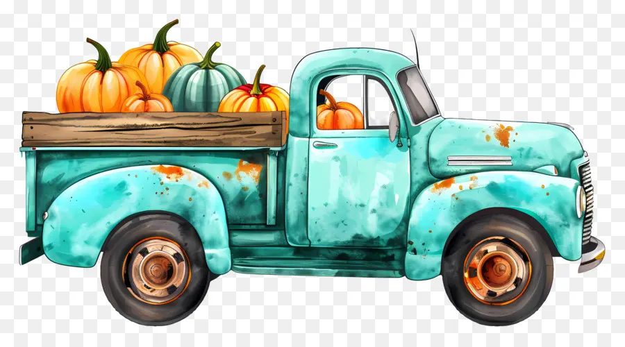 Camion Citrouille，Camion Bleu Avec Des Citrouilles PNG