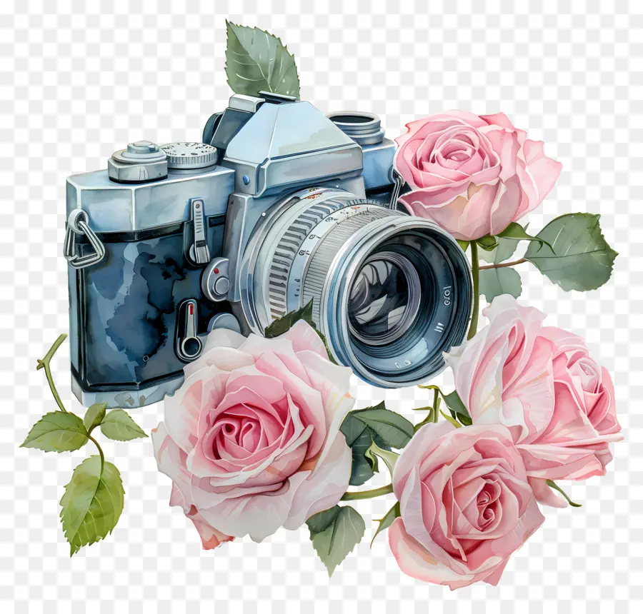 Appareil Photo Aquarelle，Appareil Photo Vintage Avec Des Roses PNG