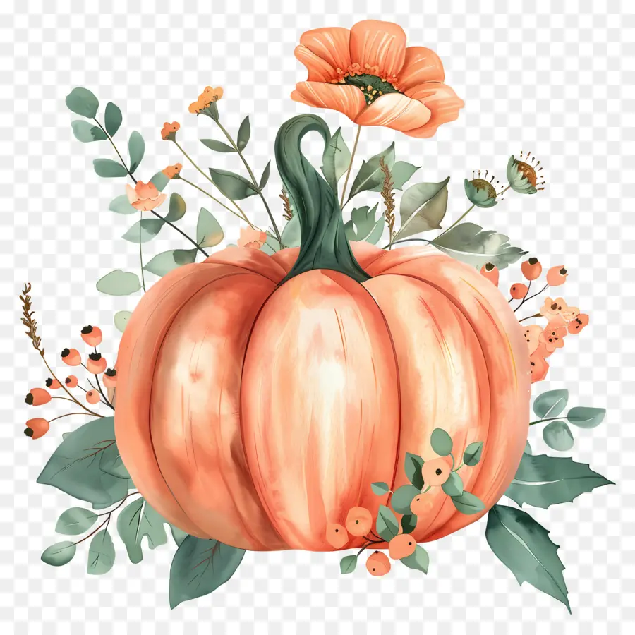 Citrouille Aquarelle，Citrouille Avec Des Fleurs PNG