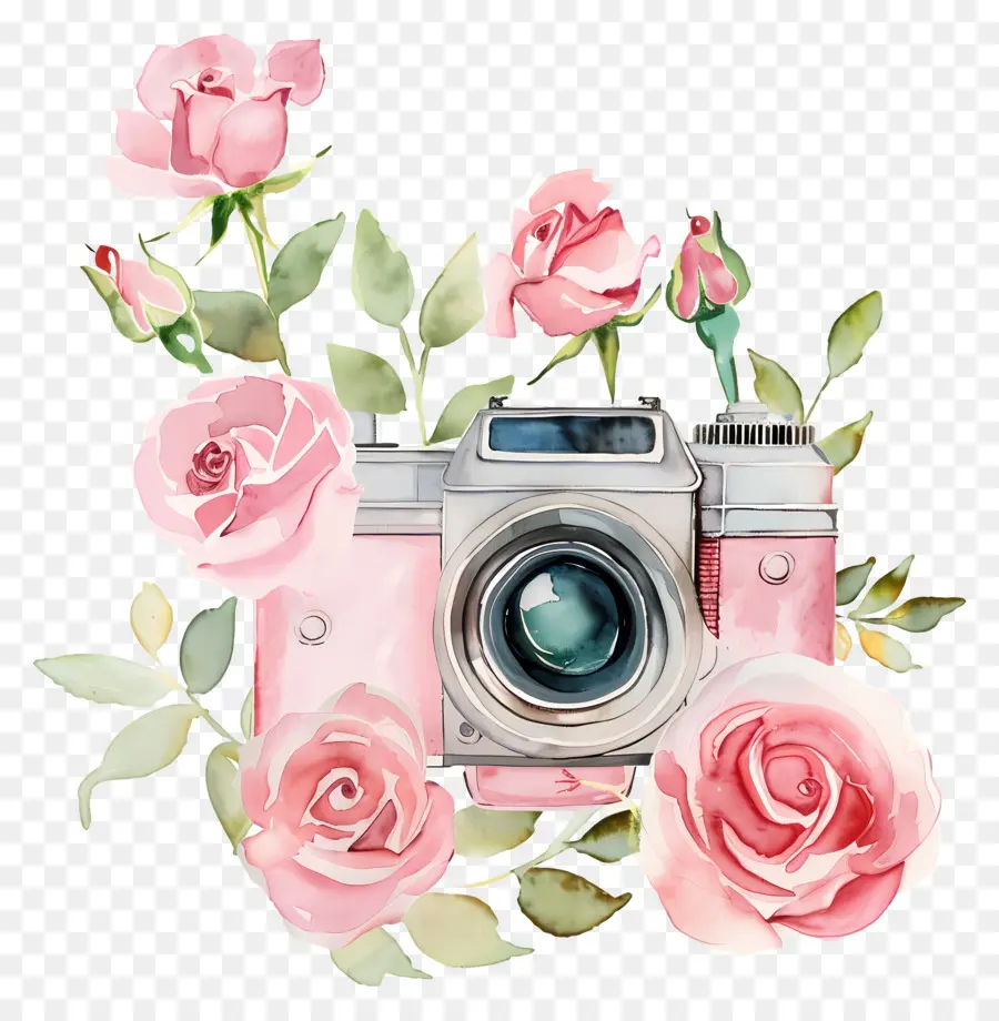 Appareil Photo Aquarelle，Appareil Photo Avec Des Roses PNG