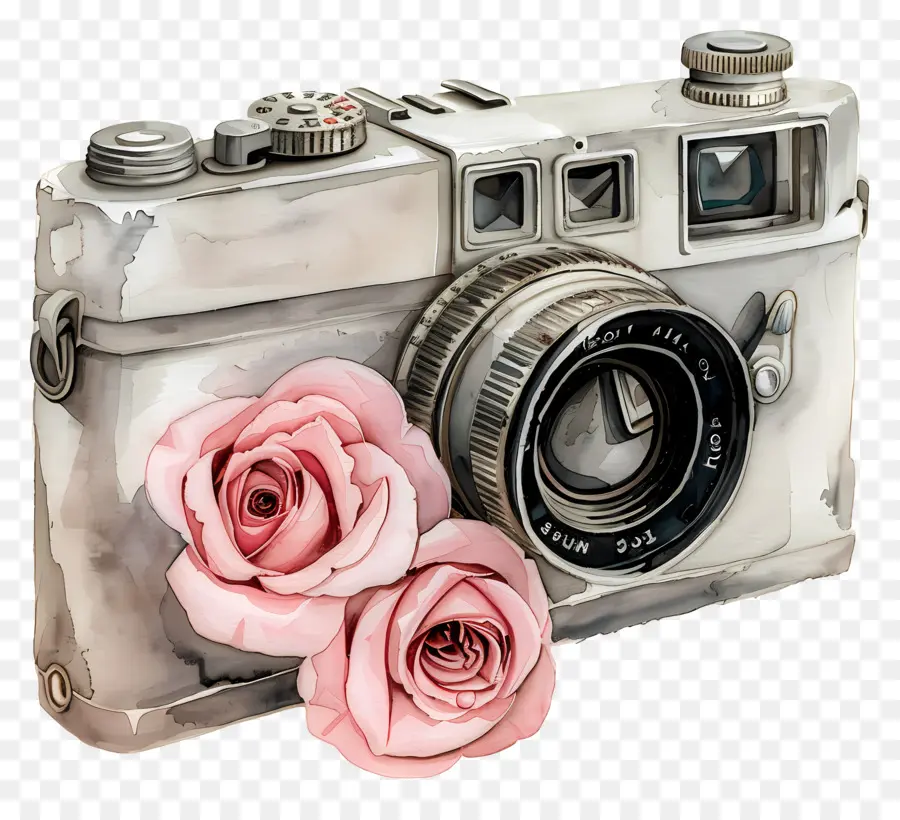 Appareil Photo Aquarelle，Appareil Photo Vintage Avec Des Roses PNG