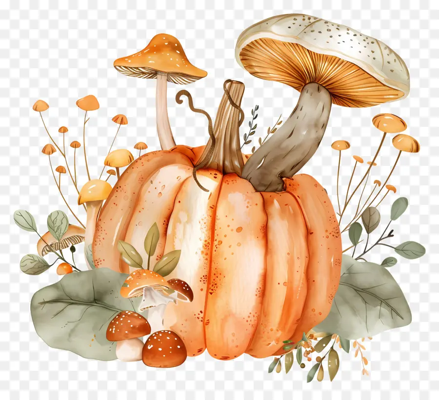 Citrouille Aquarelle，Citrouille Et Champignons PNG