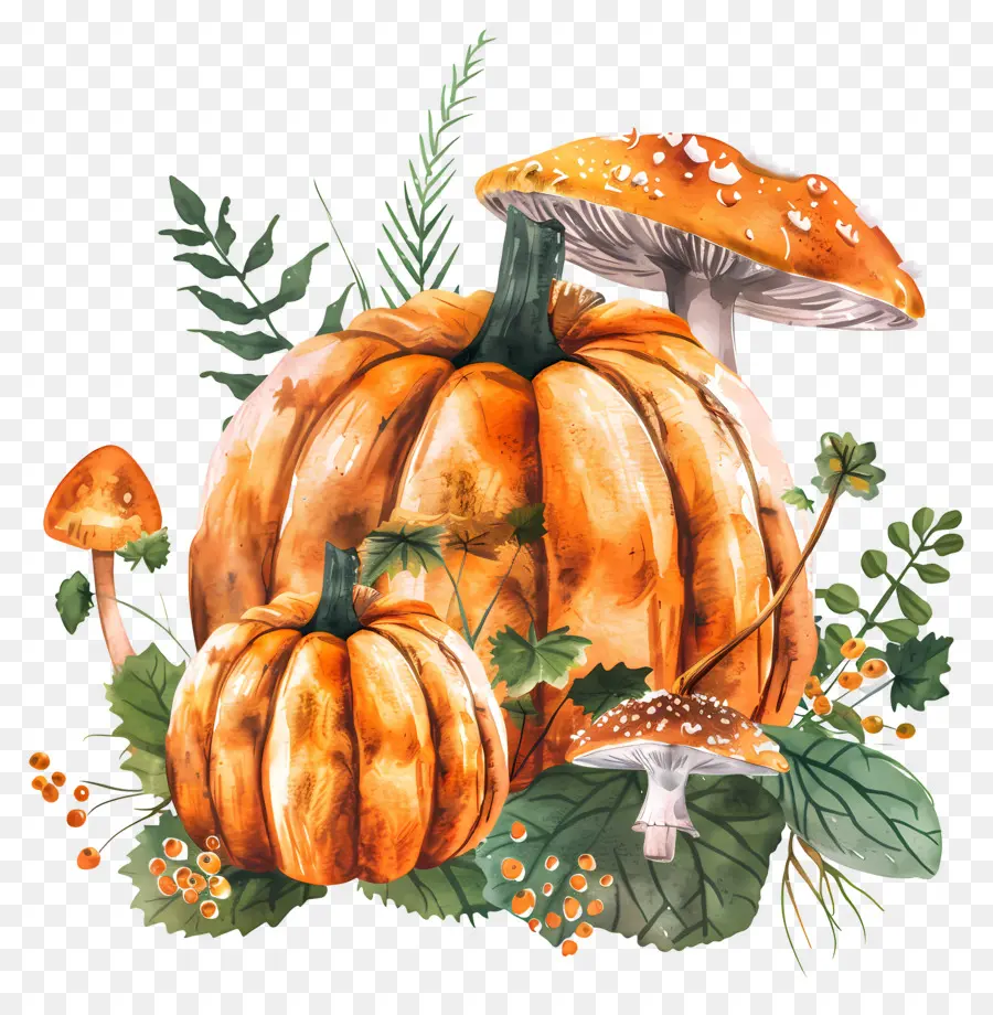 Citrouille Aquarelle，Citrouille Et Champignons PNG