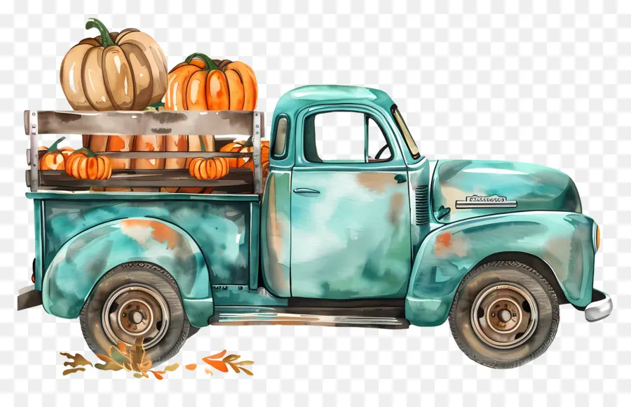 Camion Citrouille，Camion Bleu Avec Des Citrouilles PNG