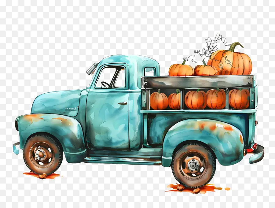 Camion Citrouille，Camion Bleu Avec Des Citrouilles PNG