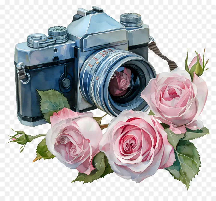 Appareil Photo Aquarelle，Appareil Photo Vintage Avec Des Roses PNG