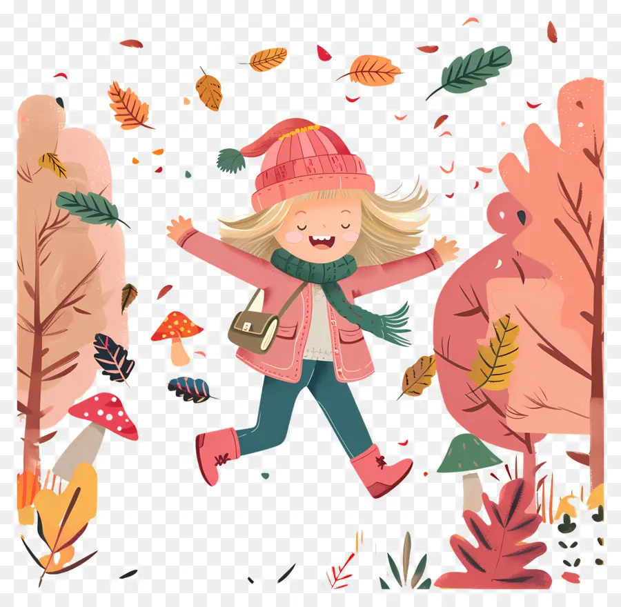 Fond D'automne，Fille Sautant Avec Des Feuilles PNG