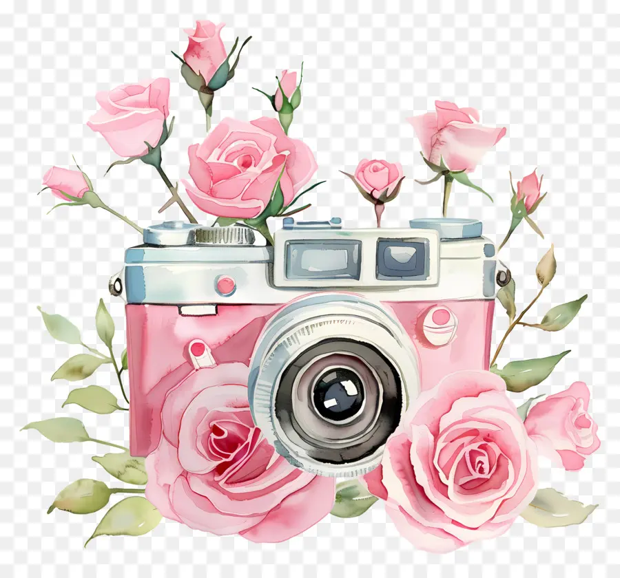 Appareil Photo Aquarelle，Appareil Photo Avec Des Roses PNG