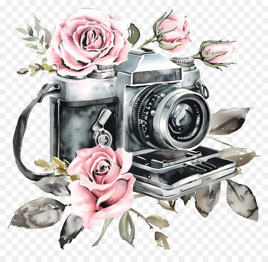 Appareil Photo Aquarelle，Appareil Photo Avec Des Roses PNG