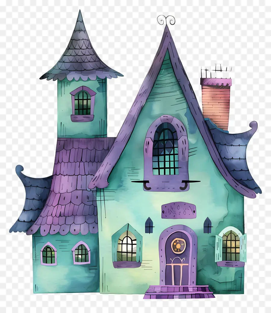 Maison Hantée Aquarelle，Maison De Dessin Animé PNG