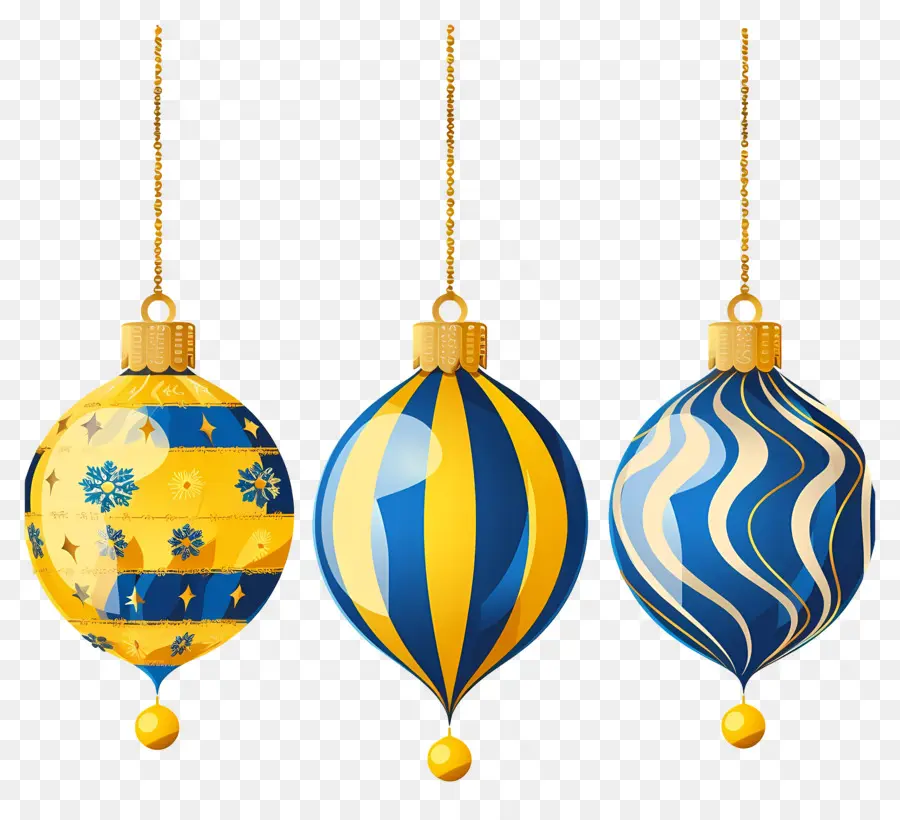 Boules De Noël Suspendues，Ornements Bleus Et Jaunes PNG