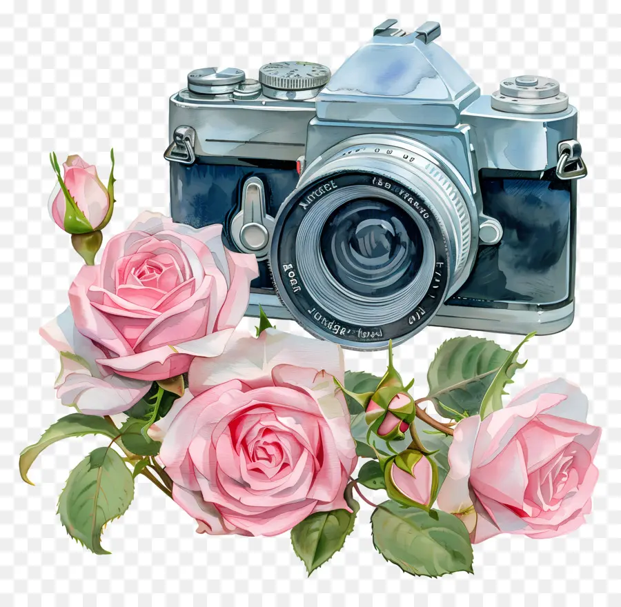 Appareil Photo Aquarelle，Appareil Photo Vintage Avec Des Roses PNG