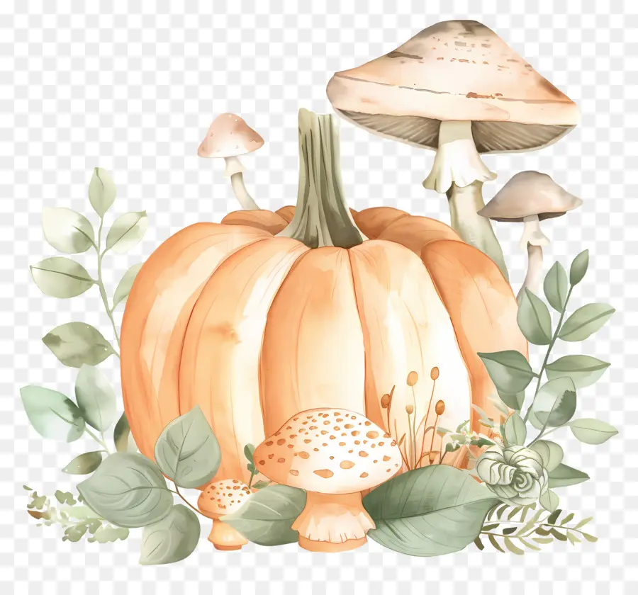 Citrouille Aquarelle，Citrouille Et Champignons PNG