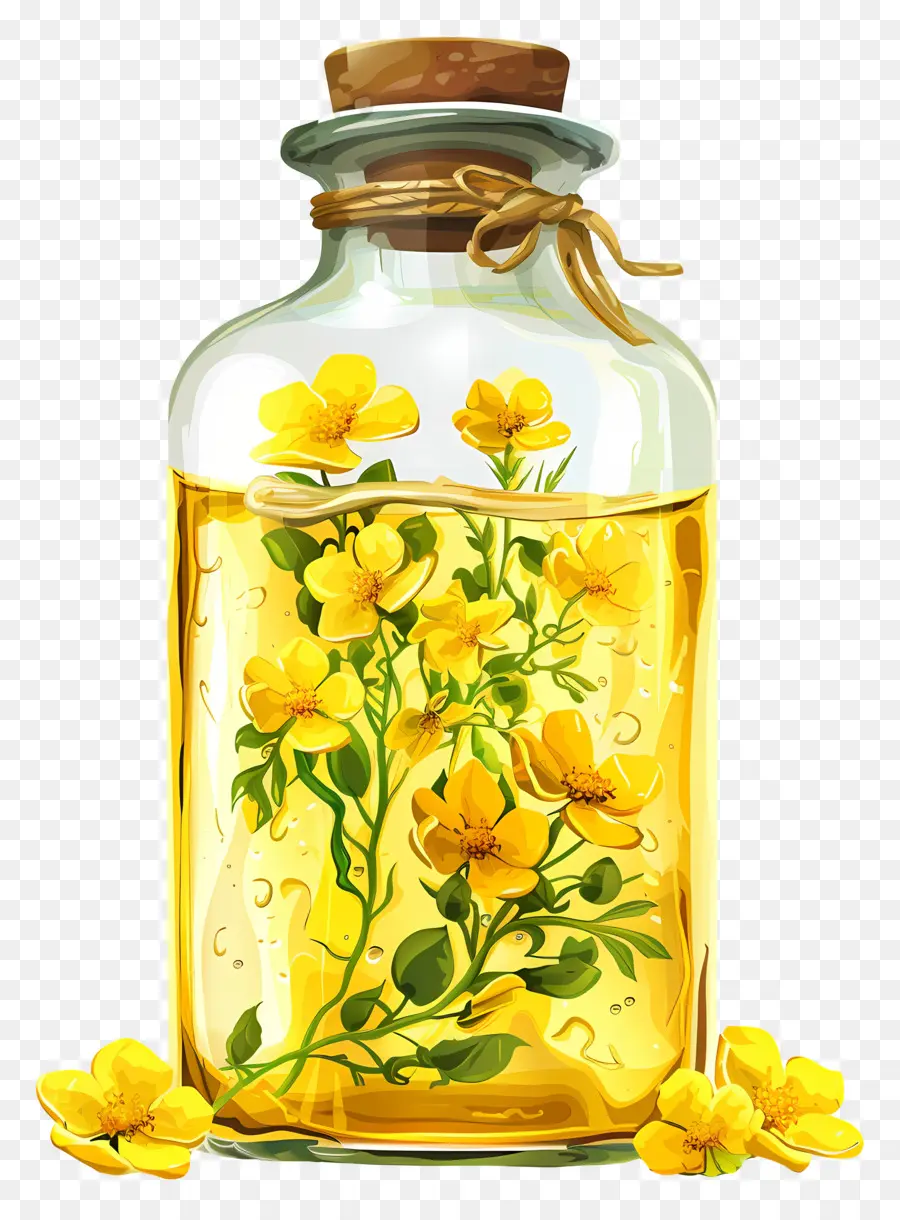 Huile De Canola，Fleurs Jaunes Dans Une Bouteille PNG