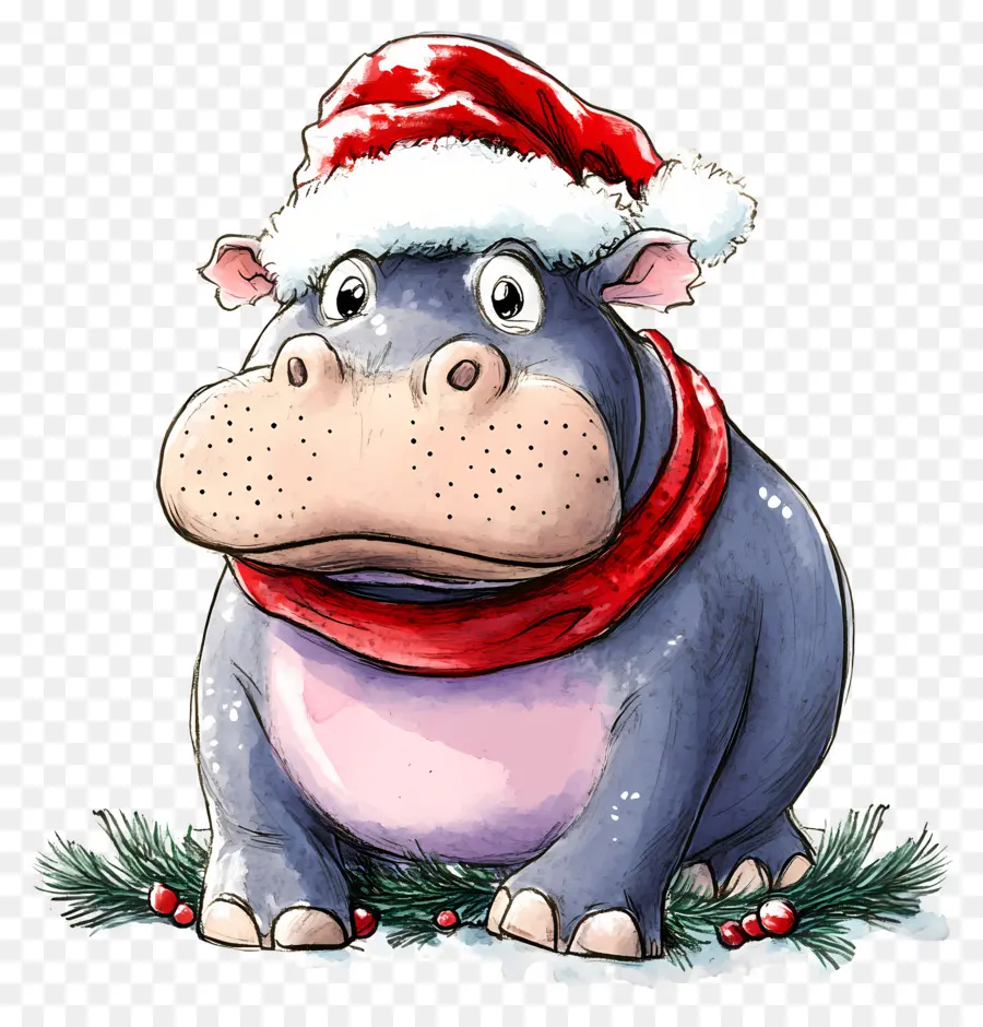 Hippopotame De Noël，Hippopotame Avec Bonnet De Noel PNG