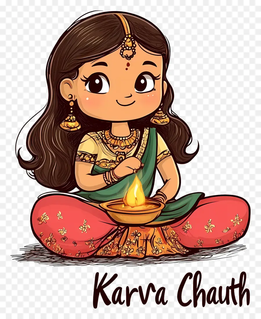 Karva Chauth，Fille De Dessin Animé Avec Lampe PNG