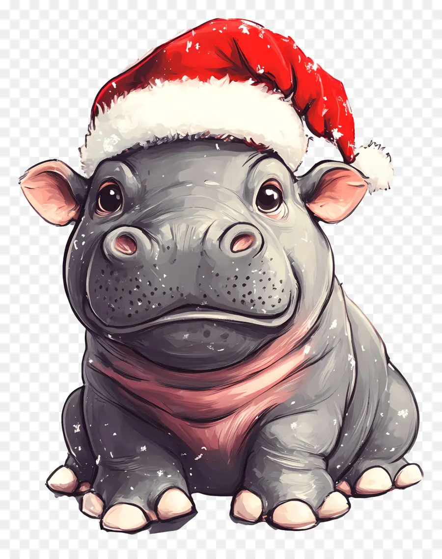 Hippopotame De Noël，Hippopotame De Dessin Animé Avec Bonnet De Noel PNG