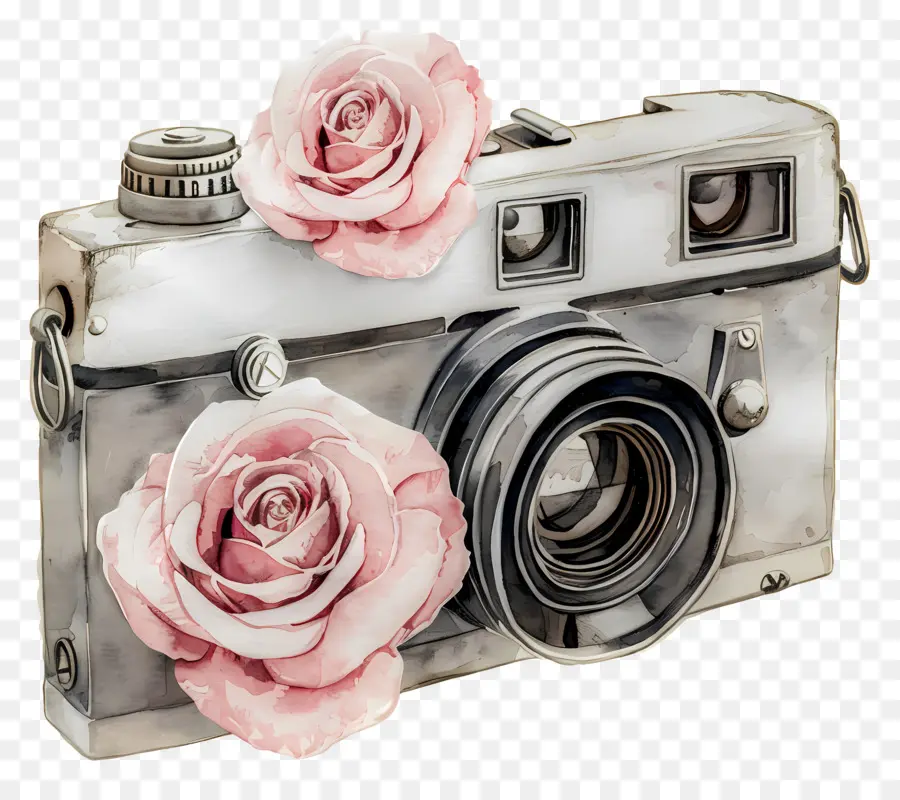 Appareil Photo Aquarelle，Appareil Photo Vintage Avec Des Roses PNG