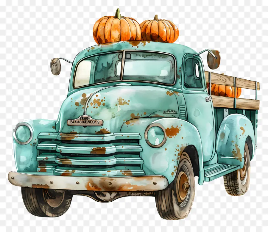 Camion Citrouille，Camion Bleu Avec Des Citrouilles PNG