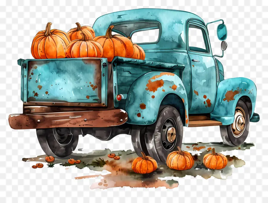 Camion Citrouille，Camion Bleu Avec Des Citrouilles PNG