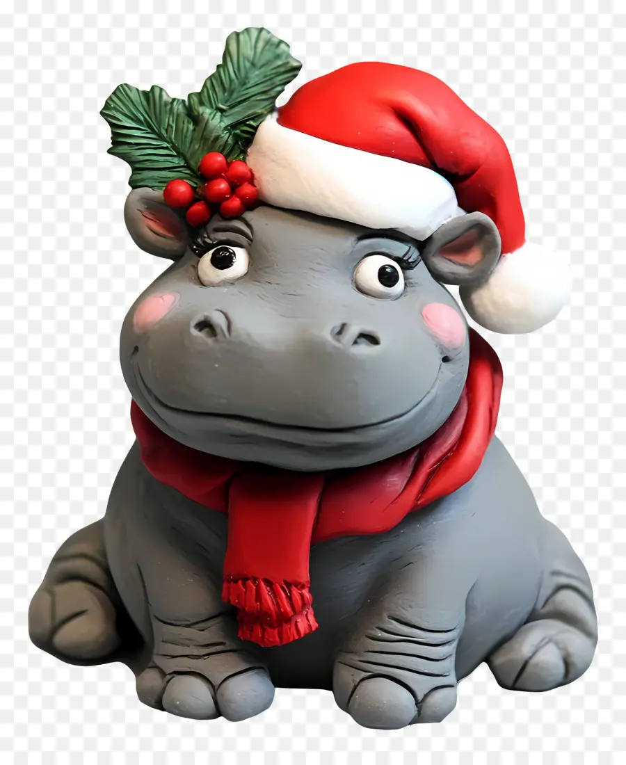 Hippopotame De Noël，Hippopotame En Argile Avec Bonnet De Noel PNG