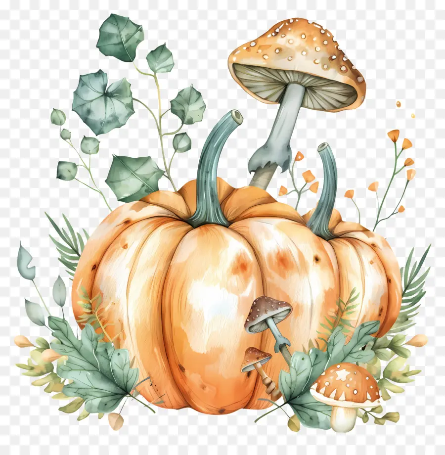 Citrouille Aquarelle，Citrouille Et Champignons PNG