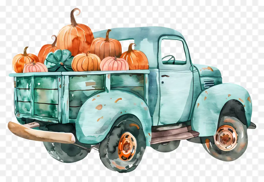 Camion Citrouille，Camion Bleu Avec Des Citrouilles PNG