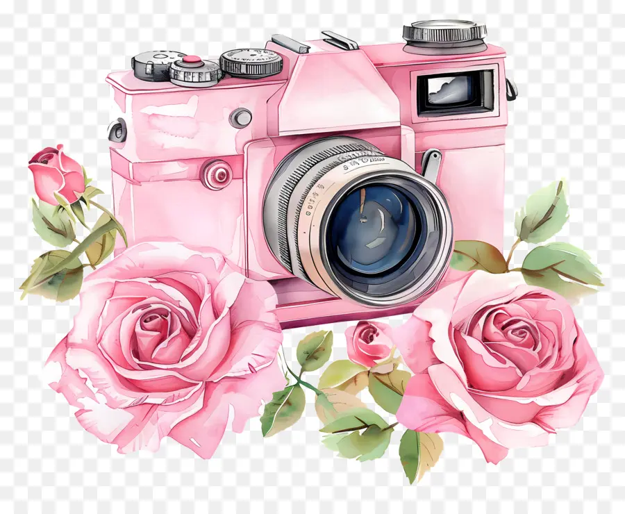 Appareil Photo Aquarelle，Appareil Photo Vintage Avec Des Roses PNG