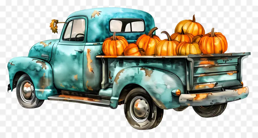 Camion Citrouille，Camion Bleu Avec Des Citrouilles PNG