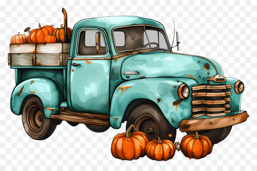 Camion Citrouille，Camion Bleu Avec Des Citrouilles PNG