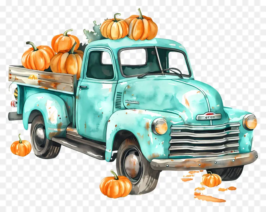 Camion Citrouille，Camion Bleu Avec Des Citrouilles PNG