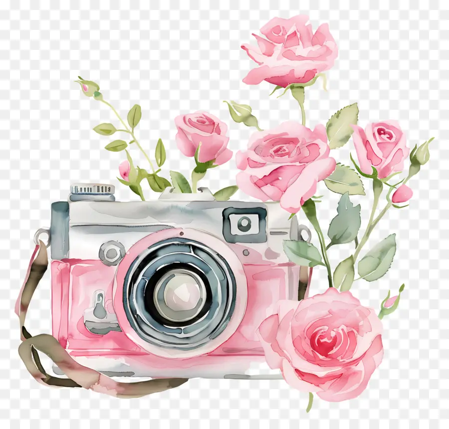 Appareil Photo Aquarelle，Appareil Photo Avec Des Roses PNG