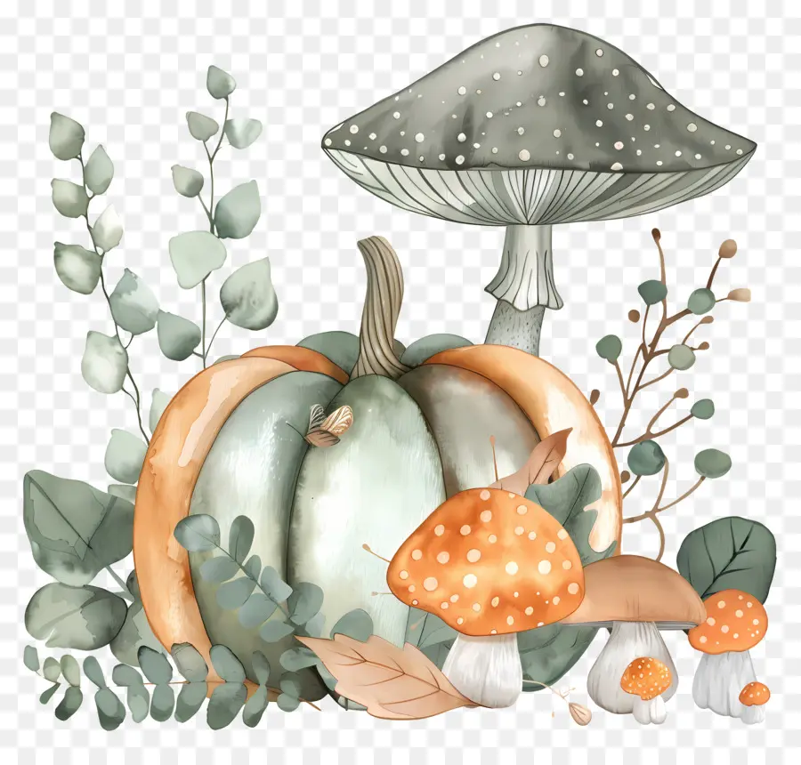 Citrouille Aquarelle，Citrouille Et Champignons PNG