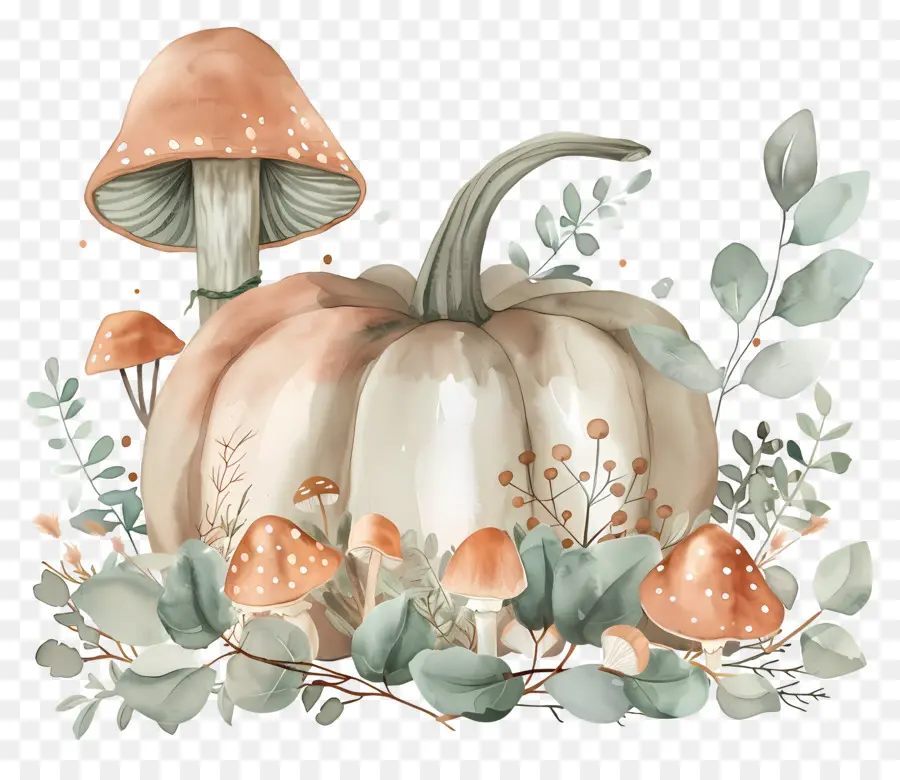 Citrouille Aquarelle，Citrouille Et Champignons PNG