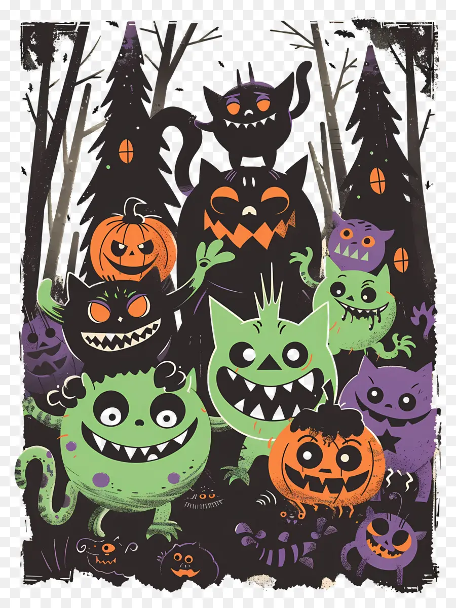 Monstres De Dessins Animés，Chats D'halloween PNG