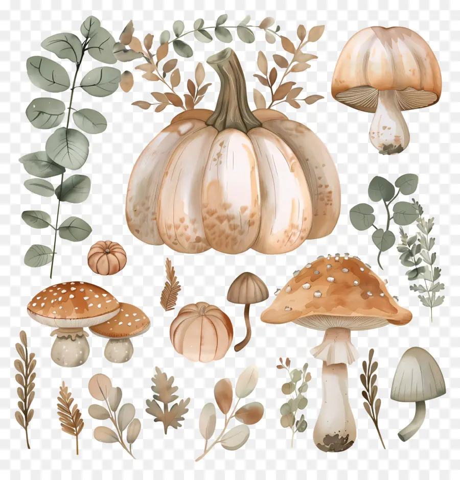 Citrouille Aquarelle，Citrouilles Et Champignons PNG