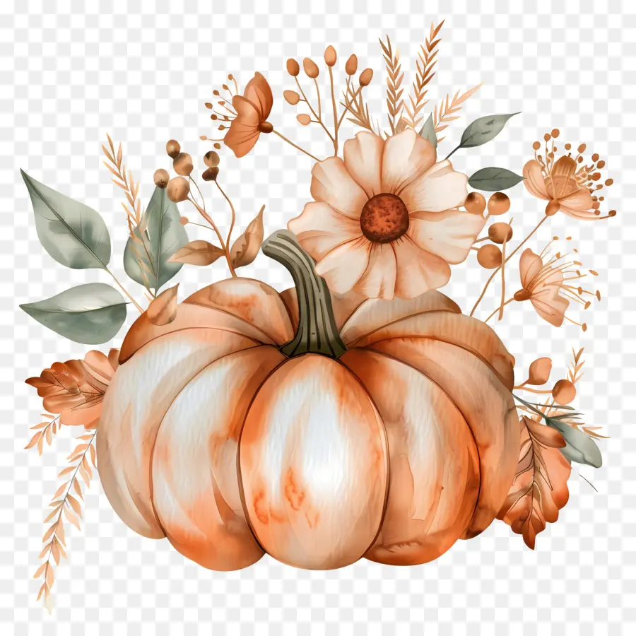 Citrouille Aquarelle，Citrouille Avec Des Fleurs PNG