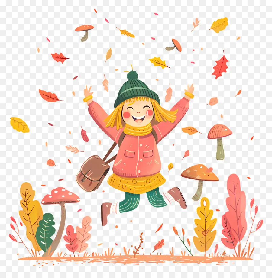 Fond D'automne，Fille Sautant Avec Des Feuilles PNG