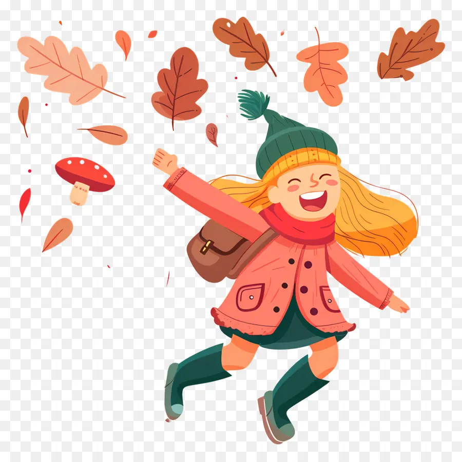 Fond D'automne，Fille Avec Sac Et Feuilles PNG