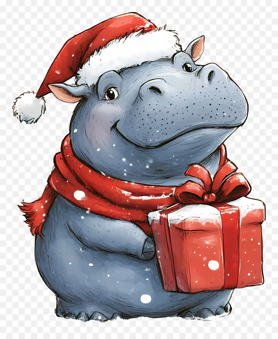 Hippopotame De Noël，Hippopotame Avec Cadeau PNG