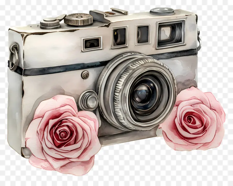 Appareil Photo Aquarelle，Appareil Photo Vintage Avec Des Roses PNG