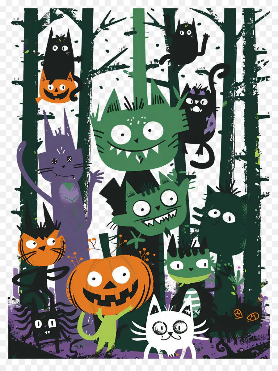 Monstres De Dessins Animés，Chats D'halloween PNG