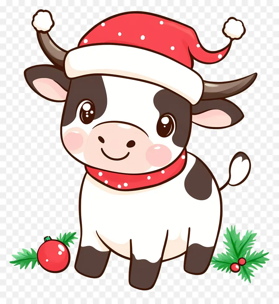 Vache De Noël，Vache Mignonne Avec Chapeau De Père Noël PNG