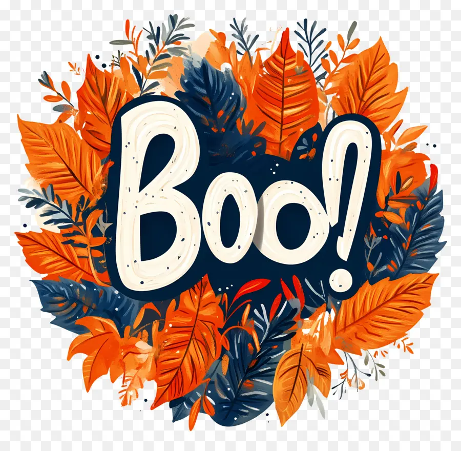 Bouh D'halloween，Texte Boo Avec Des Feuilles PNG