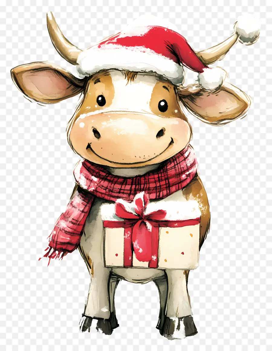 Vache De Noël，Vache Avec Cadeaux Et écharpe PNG