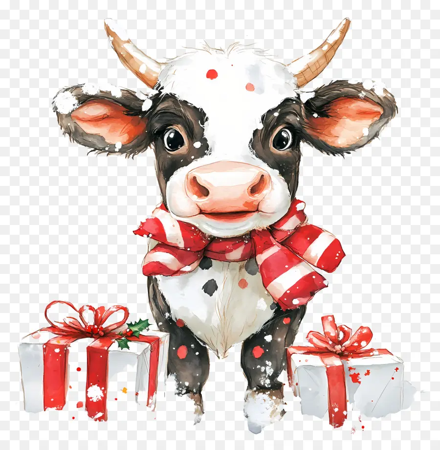 Vache De Noël，Vache Avec Cadeaux Et écharpe PNG