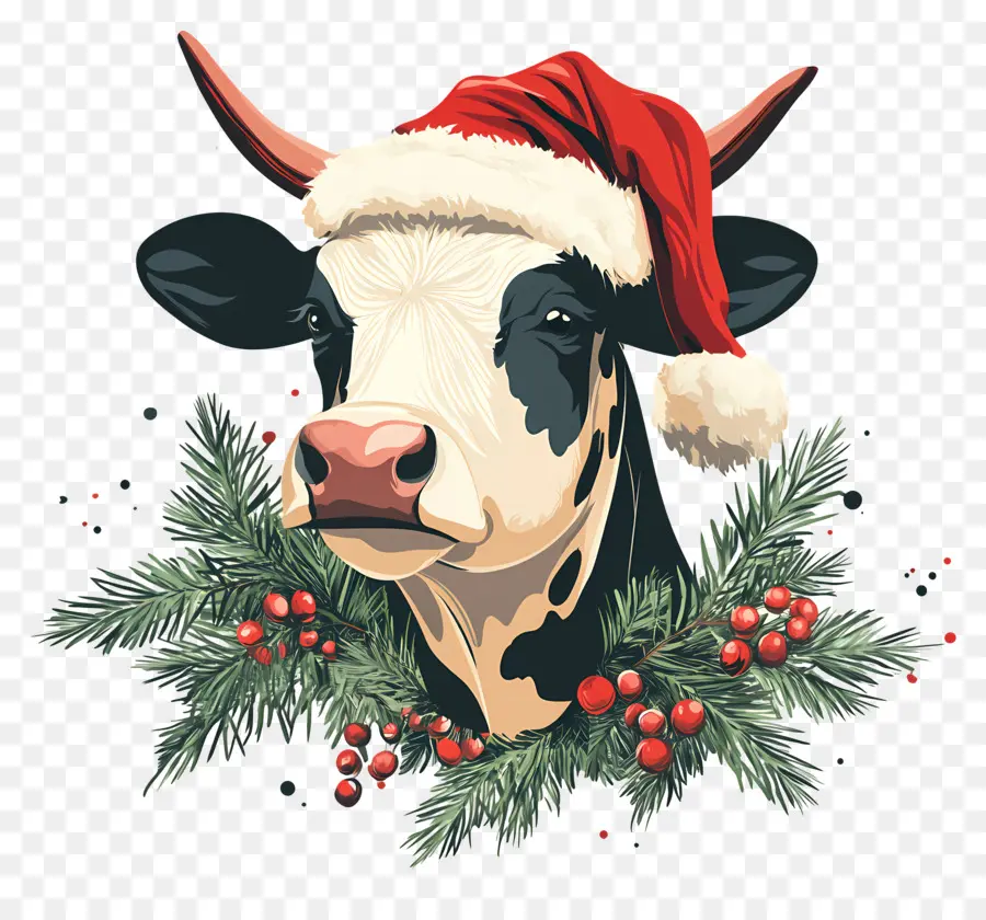 Vache De Noël，Vache Avec Bonnet De Noel Et Baies PNG