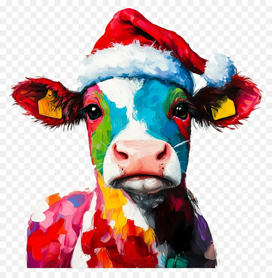 Vache De Noël，Vache Colorée Avec Chapeau De Père Noël PNG