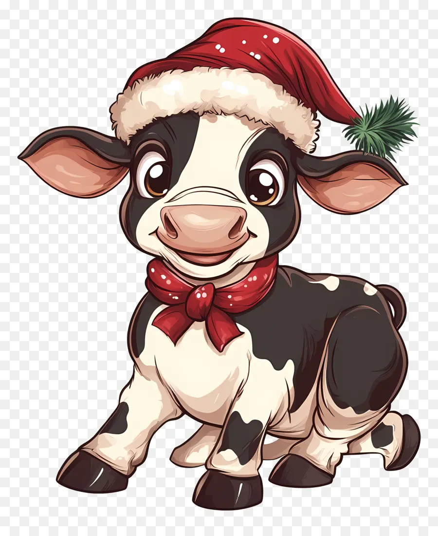 Vache De Noël，Vache Mignonne Avec Chapeau De Père Noël PNG