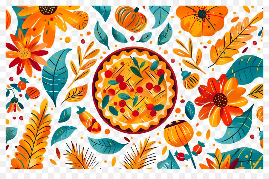 Tarte De Thanksgiving，Tarte Colorée Et Feuilles PNG